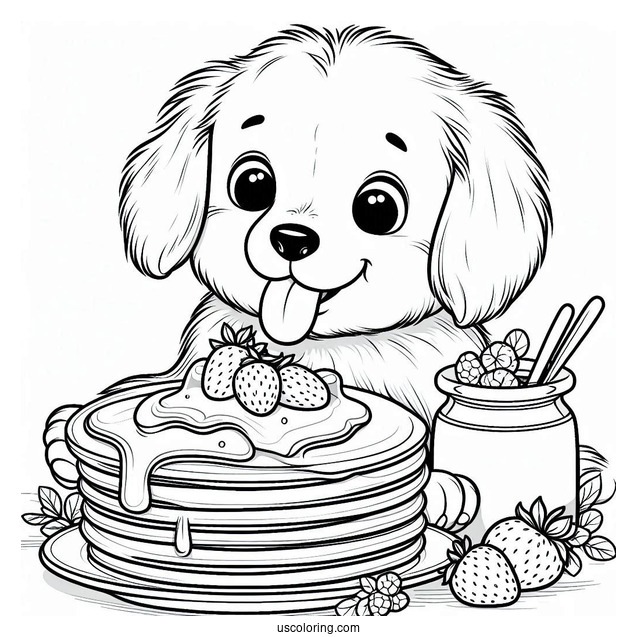 Puppy Licking Large Pancake Coloring Page With Butter And Berries