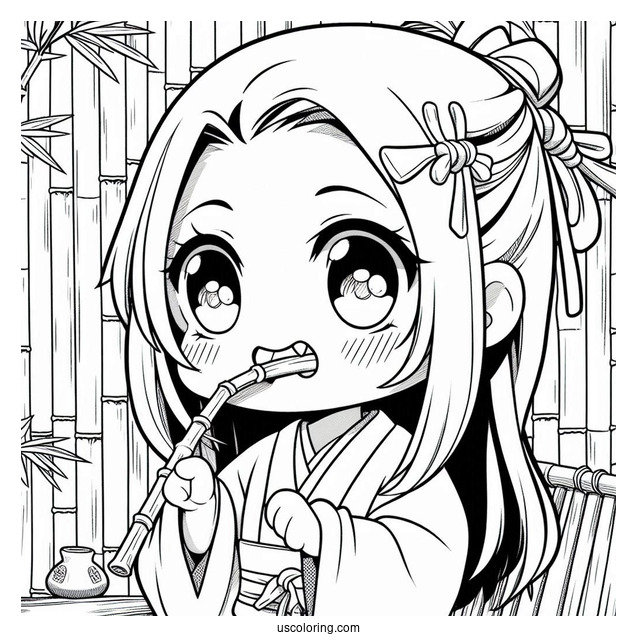 Cute Chibi Nezuko Coloring Page Biting Down Bamboo