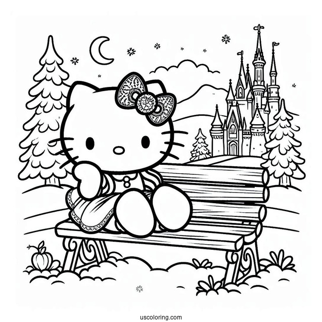 Hello Kitty Sitting On A Bench With Snow White Coloring Pages