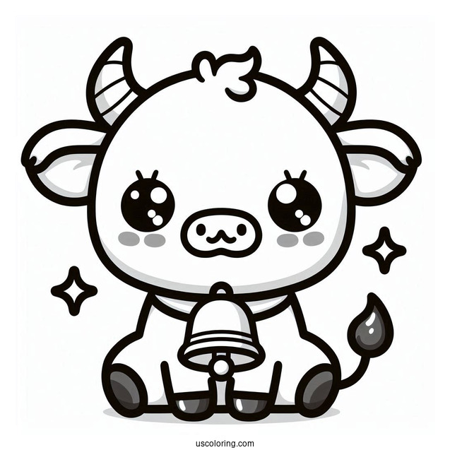 Kawaii Bull With Bell Coloring In For Preschoolers