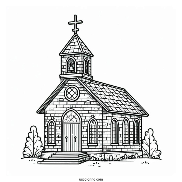Brick Church Coloring Page Building With Crosses And A Bell Tower