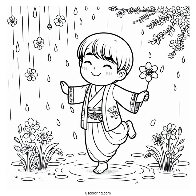Little Boy Dancing In Spring Coloring Page Rain For Kids