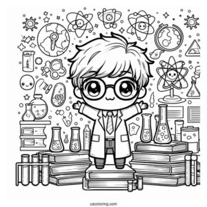 Science Coloring Page Of Chibi Scientist Surrounded By Books And Test Tubes