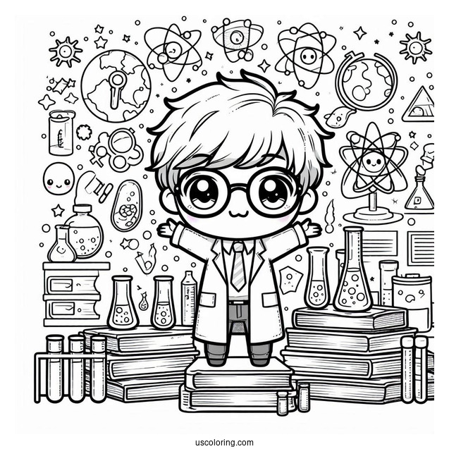 Science Coloring Page Of Chibi Scientist Surrounded By Books And Test Tubes