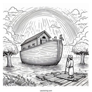 Noah's Ark Coloring Page Of Standing On Top Of Ark After The Flood