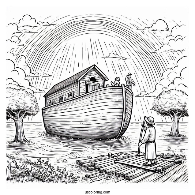 Noah's Ark Coloring Page Of Standing On Top Of Ark After The Flood