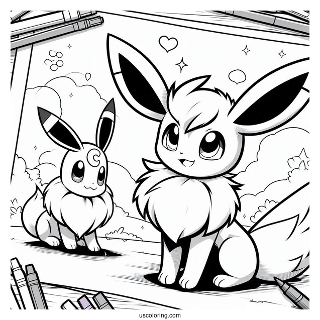 Sylveon Coloring Page Of Umbreon Looking At Eevee Pokemon Poster