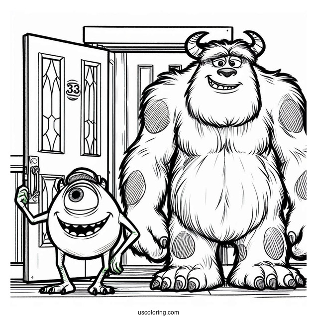 Pixar Coloring Page of Sully And Mike In Front Of Door Mosnter s Inc