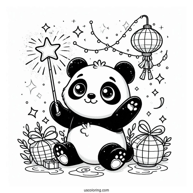 Panda Coloring Page with Sparkling Wand and Floating Lanterns For Kids