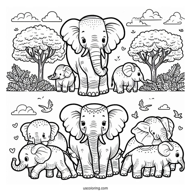Herd Of Elephants Coloring Page For Kids