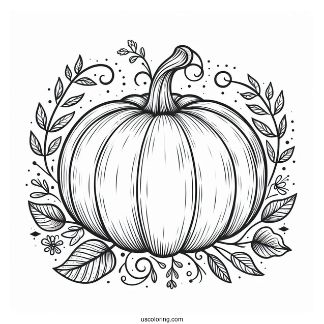 Pumpkin Coloring Page With Vines And Fall Leaves