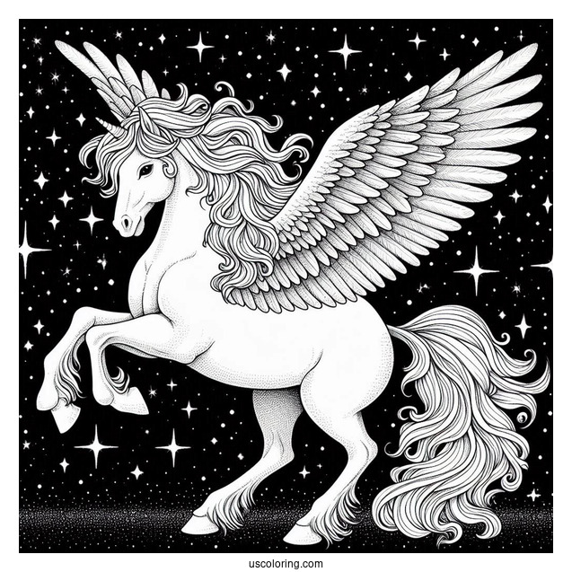 Realistic Pegasus Coloring Page With Starry Night Sky