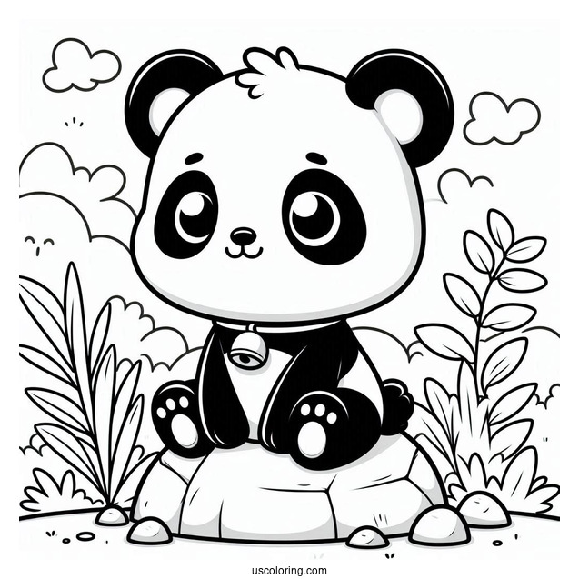 Adorable Panda Coloring Page With Bell Collar Sitting on a Rock For Kids