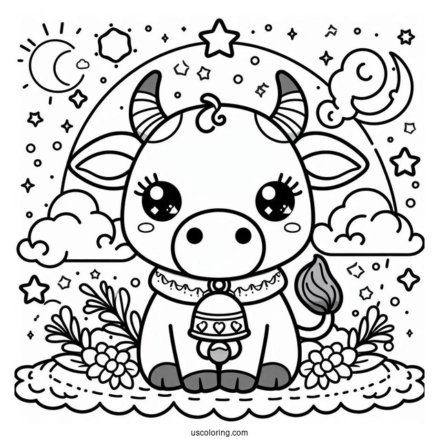 Kawaii Bull With Bell Coloring In For Preschoolers