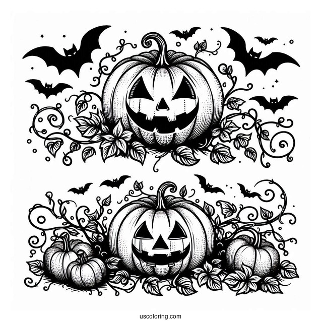 Pumpkin Coloring Page Of Spooky Jack O Lantern With Vines And Bats