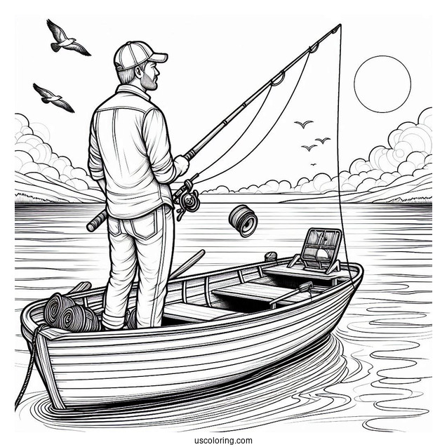 Realistic Man Standing In A Boat With Fishing Coloring Page Rod