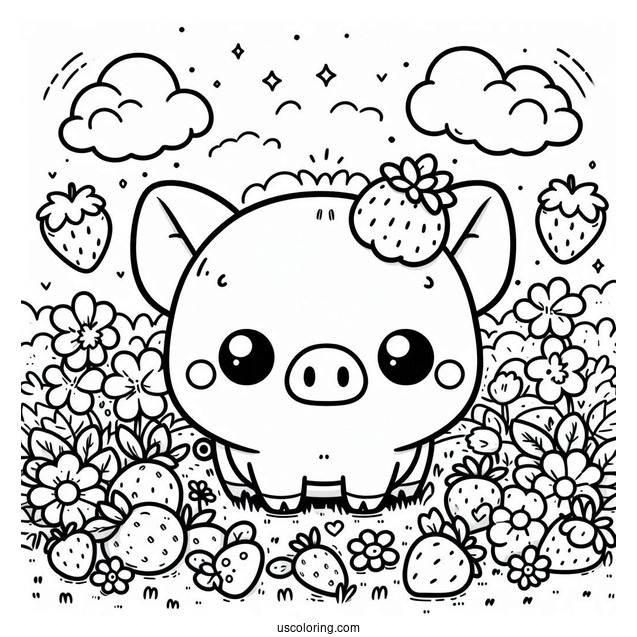 Kawaii Themed Pig In Field Of Strawberries