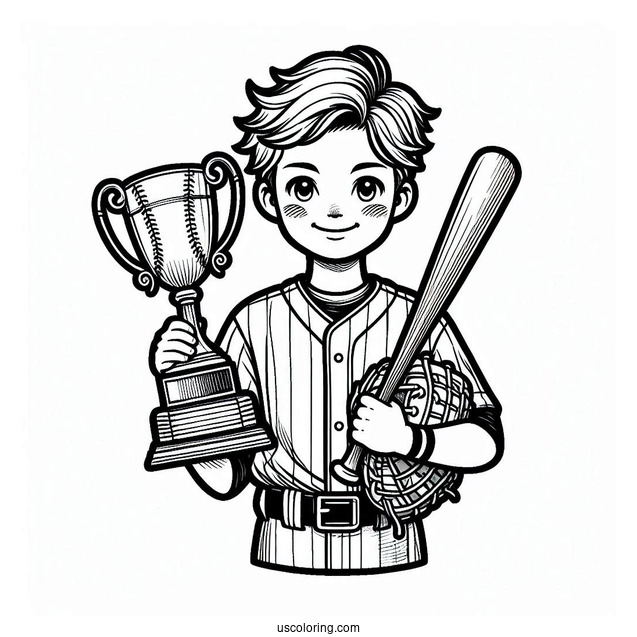 Young Baseball Coloring Page Of Champion Holding Trophy For Kids