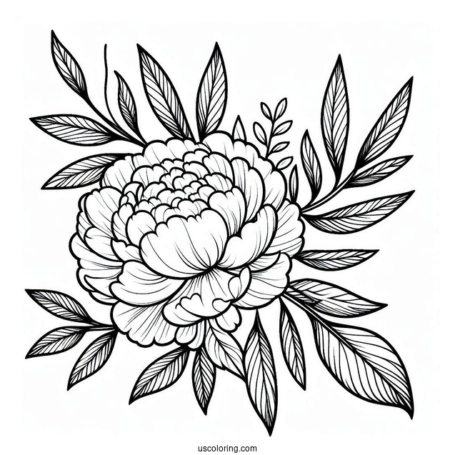 Flower Coloring Pages Of Peony With Leaves