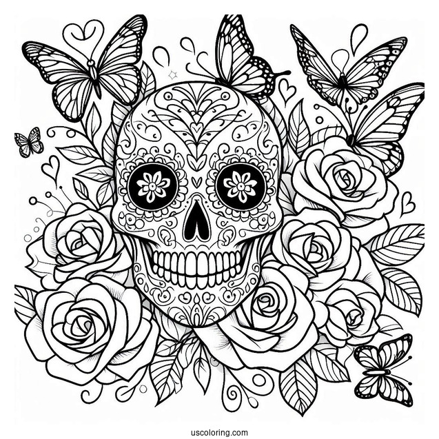 Angled View Of Sugar Skull Coloring Page With Butterflies And Plenty Of Roses