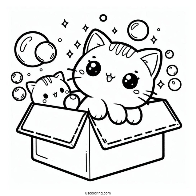 Kawaii Cat In Box Coloring In