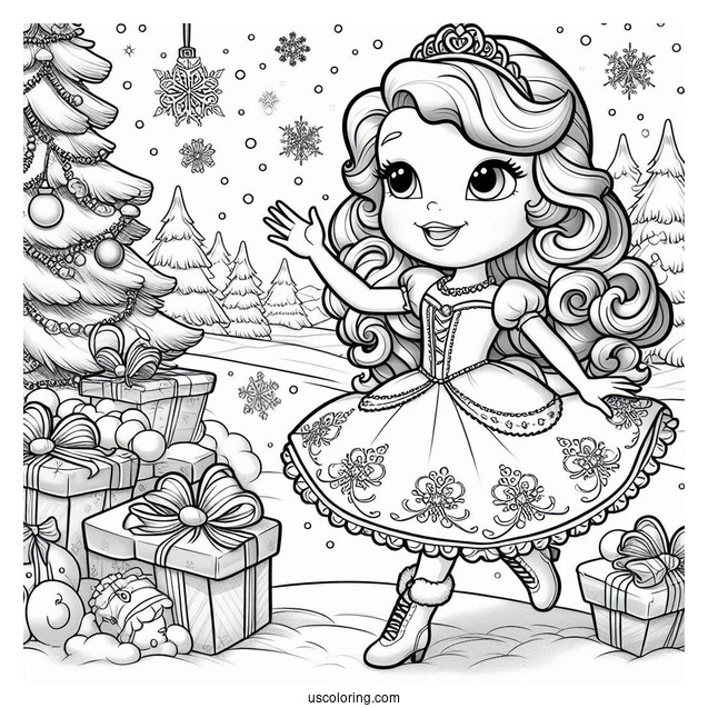 Sofia The First Coloring Page Of With Christmas Present In Snow