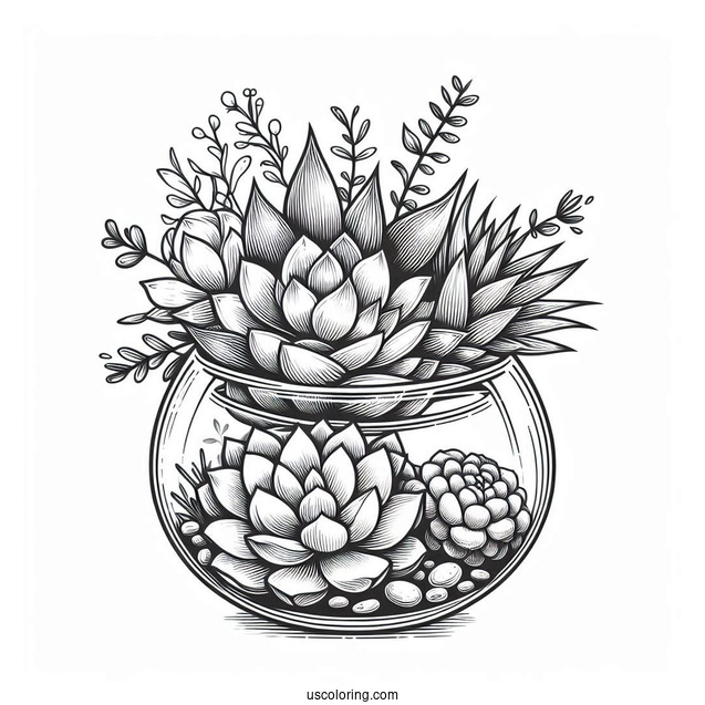 Elegant Succulent Coloring Page Glass Terrarium