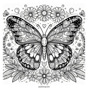 Grand Butterfly Coloring Page Mandala Surrounded By Flowers