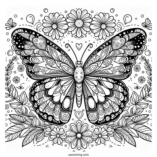 Grand Butterfly Coloring Page Mandala Surrounded By Flowers