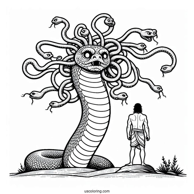 Medusa Coloring Page With Giant Snake Standing On Man Who Turned To Stone