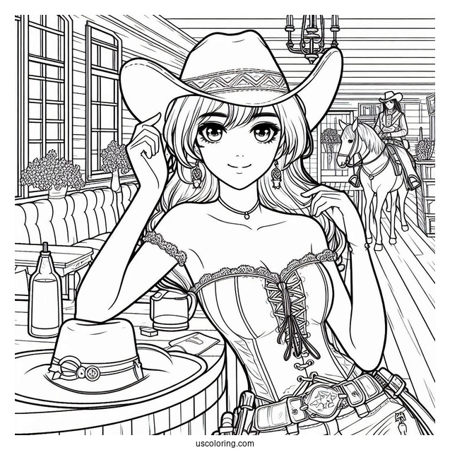 Female Cowboy Coloring Page In Saloon