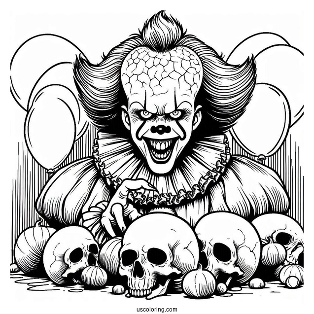 Laughing Pennywise With Skulls In Front Of A Haunted House