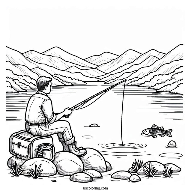 Easy Man Sitting On Rock Fishing Coloring Page