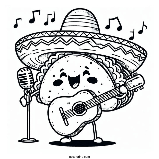 Singing Taco With A Sombrero And A Guitar Coloring Sheet