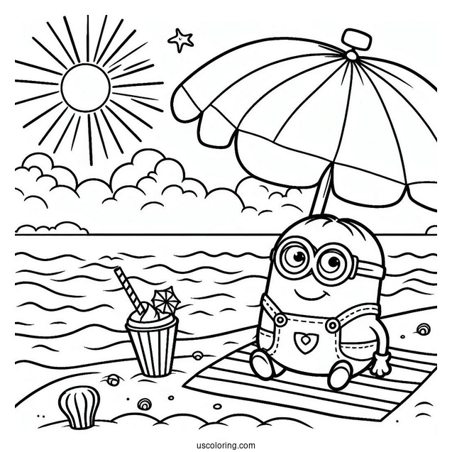 Cute Minion At The Beach Coloring Page For Kids