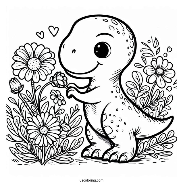 Baby T-Rex Smelling Flowers Coloring Sheet