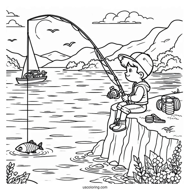Fishing Coloring Page Of Boy Fishing On A Cliff For Kids