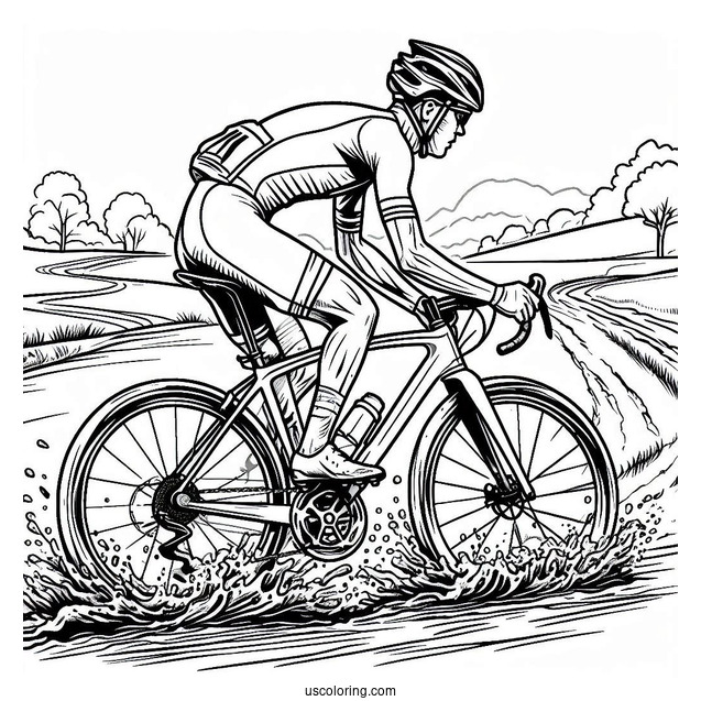 Bicycle Coloring Page Of Professional Cyclist Riding Through Mud