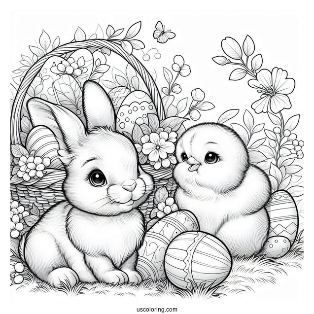Easter Coloring Page Of Realistic Bunny And Chick On The Grass With Easter Eggs