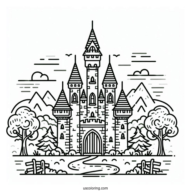 Simple Castle Coloring Page With High Tower In The Middle
