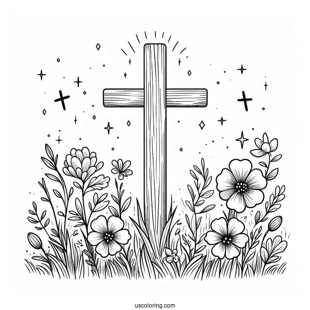 Easter Coloring Page Of Easter Cross With Flowers In A Field