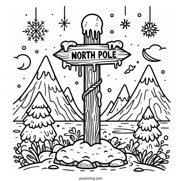 Simple North Pole Coloring Page Sign Post Covered In Ice