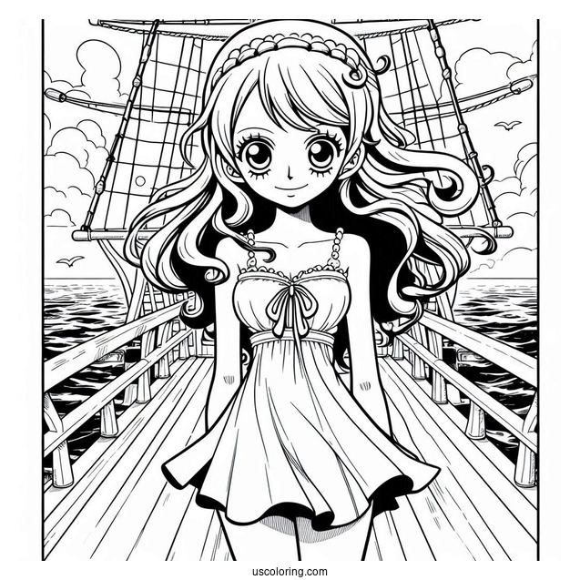 One Piece Coloring Page Of Nami Standing On Deck