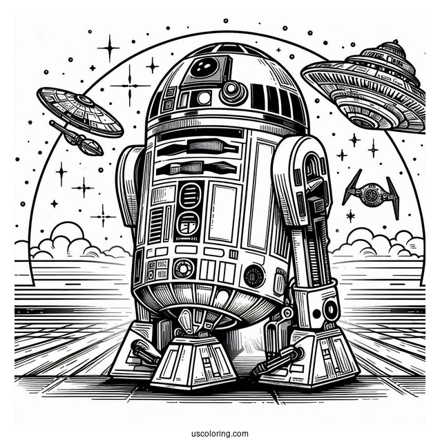 Simple R2-D2 Coloring Page In A Starship