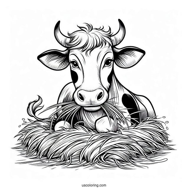 Cow With Horns Eating Hay Coloring Page