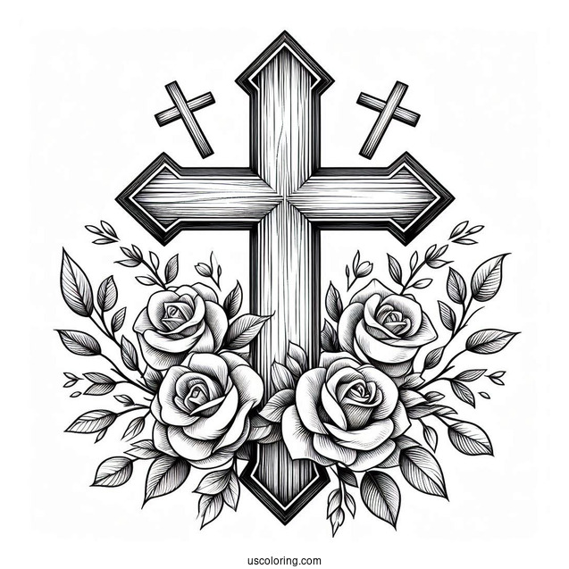 Wooden Cross With Roses To Color