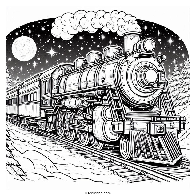 Detailed Polar Express Coloring Page Of Train In A Snowy Night