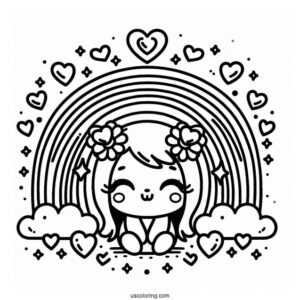 Small Rainbow Coloring Page Surrounded By Love Hearts For Kids