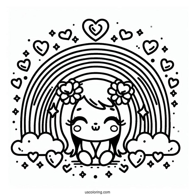 Small Rainbow Coloring Page Surrounded By Love Hearts For Kids