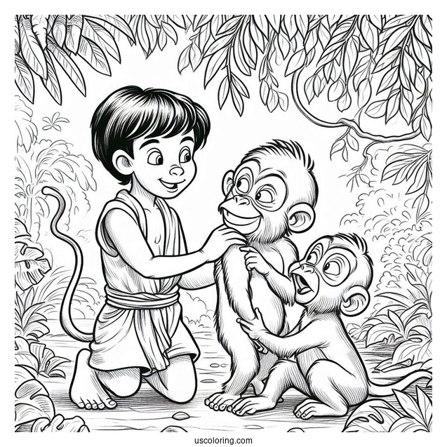 Jungle Book Coloring Page Of Monkeys Teasing Mowgli